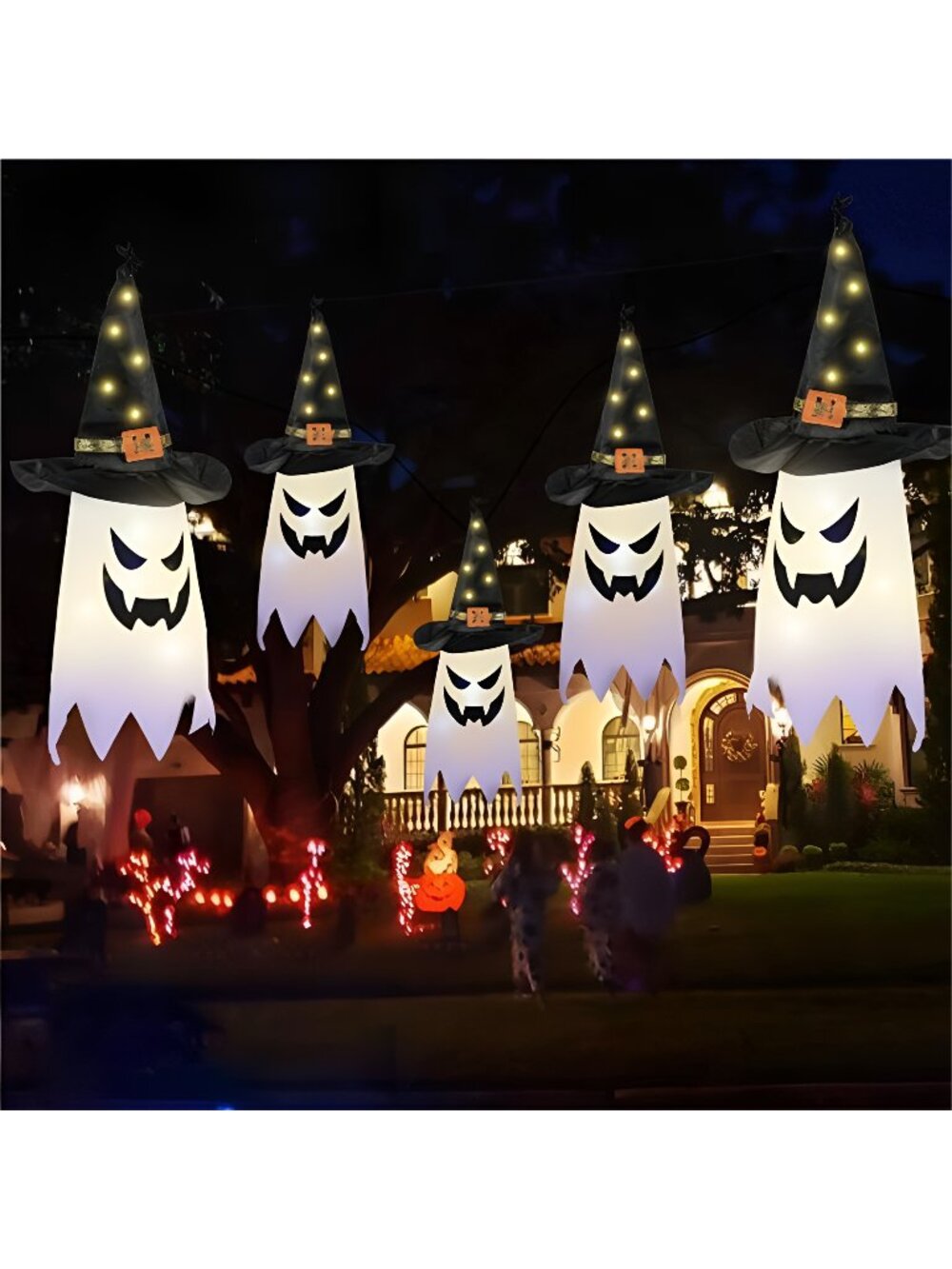 Halloween Decor Outdoor,5 PCS Hanging Halloween Lighted Glowing Ghost Witch Hat